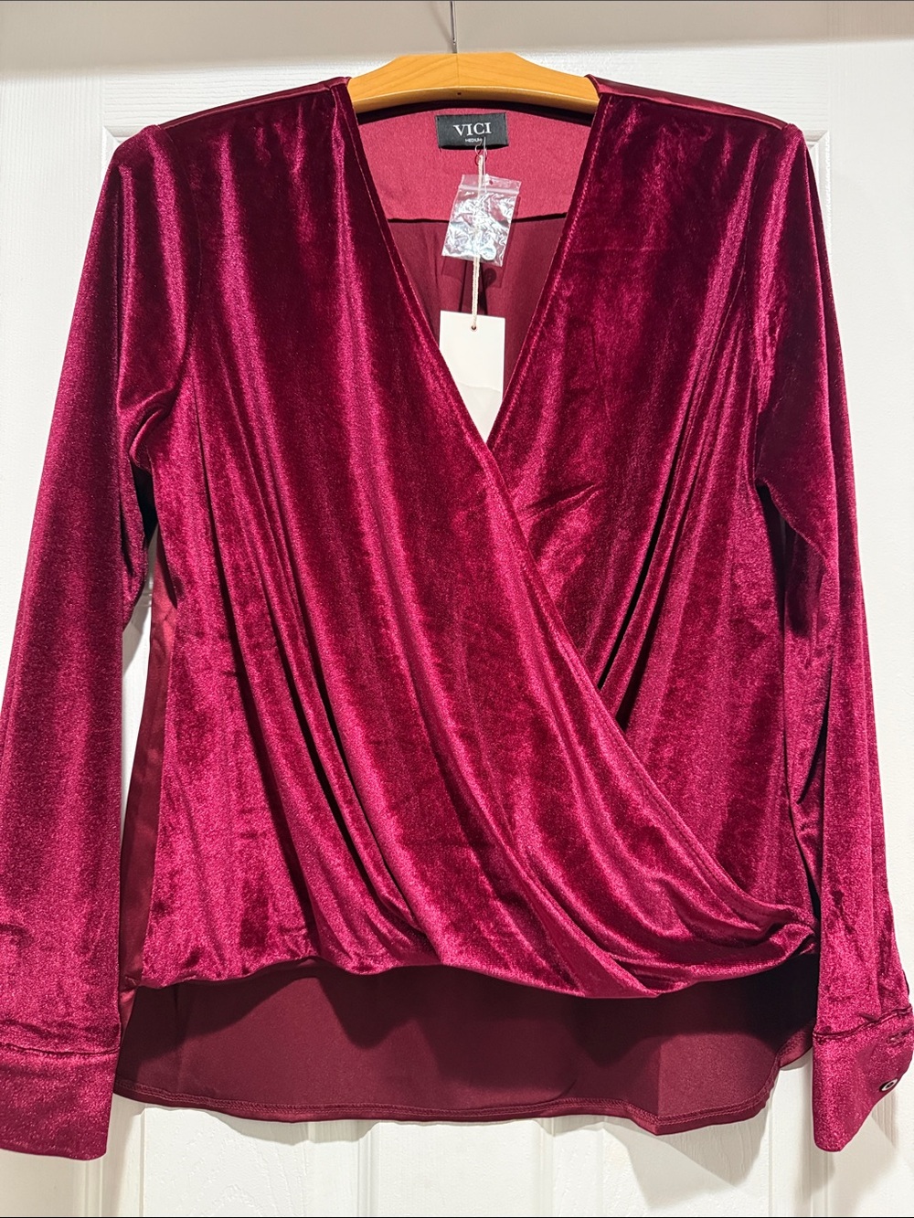 VICI Women's Velvet Wrap Blouse in Deep Wine